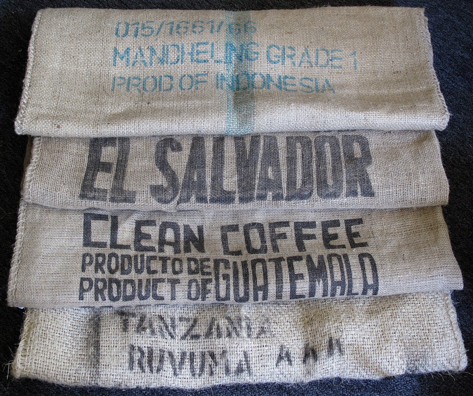 Stacked jute sacks used for bulk agricultural commodity packaging